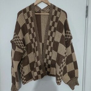 Brown and Cream Checkered Women's Sweater